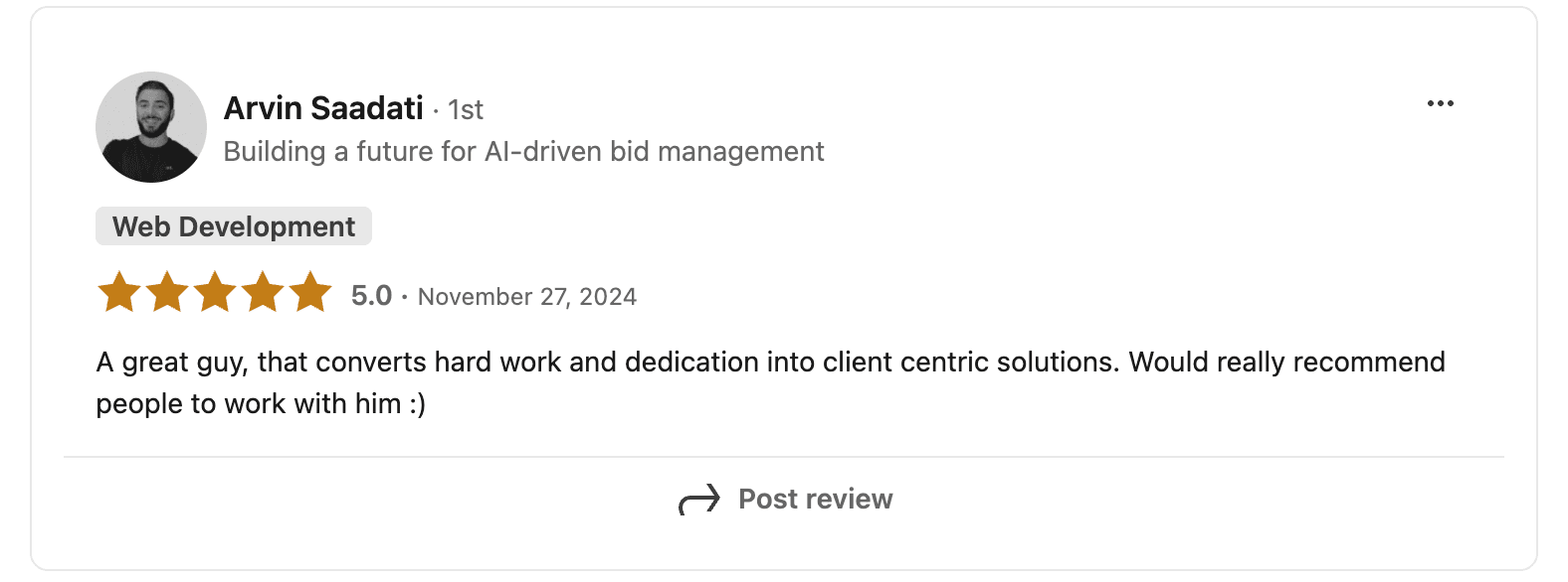 LinkedIn recommendation from Arvin Saadati with a five-star rating